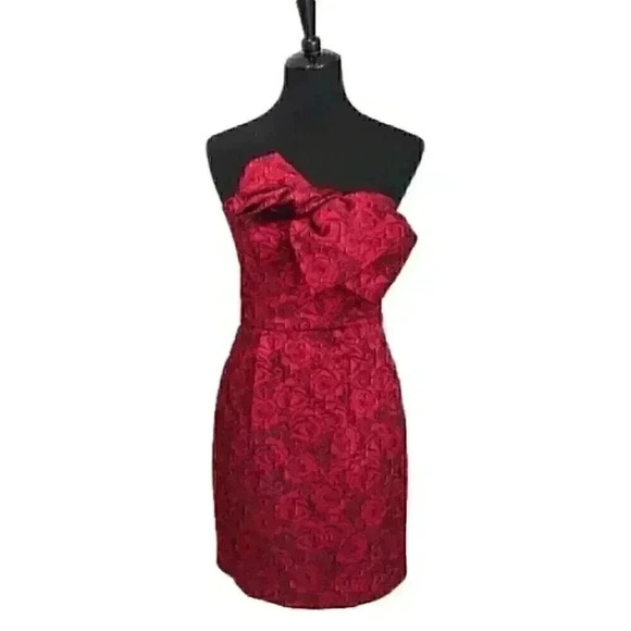 red and black jacquard rose strapless fitted Cocktail  bow accent Dress Red NWT - Picture 1 of 5
